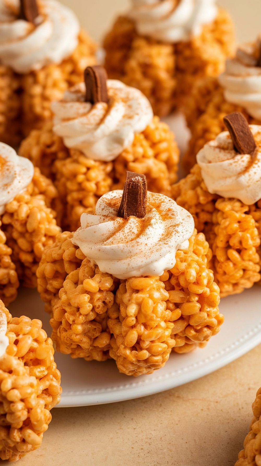 Pumpkin-shaped Rice Krispie Treats with cream cheese frosting and chocolate stems
