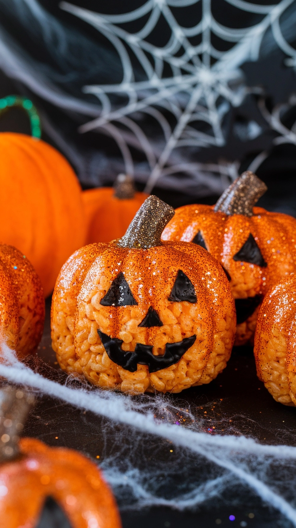 Colorful Rice Krispie Treat pumpkins decorated with edible glitter and black fondant faces.