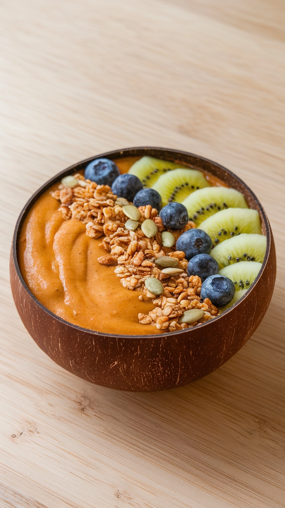 A delicious pumpkin smoothie bowl topped with granola, blueberries, and kiwi slices.