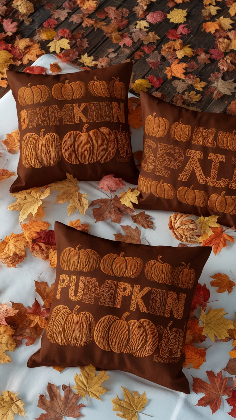 Three pumpkin-themed pillows on a white blanket surrounded by autumn leaves.