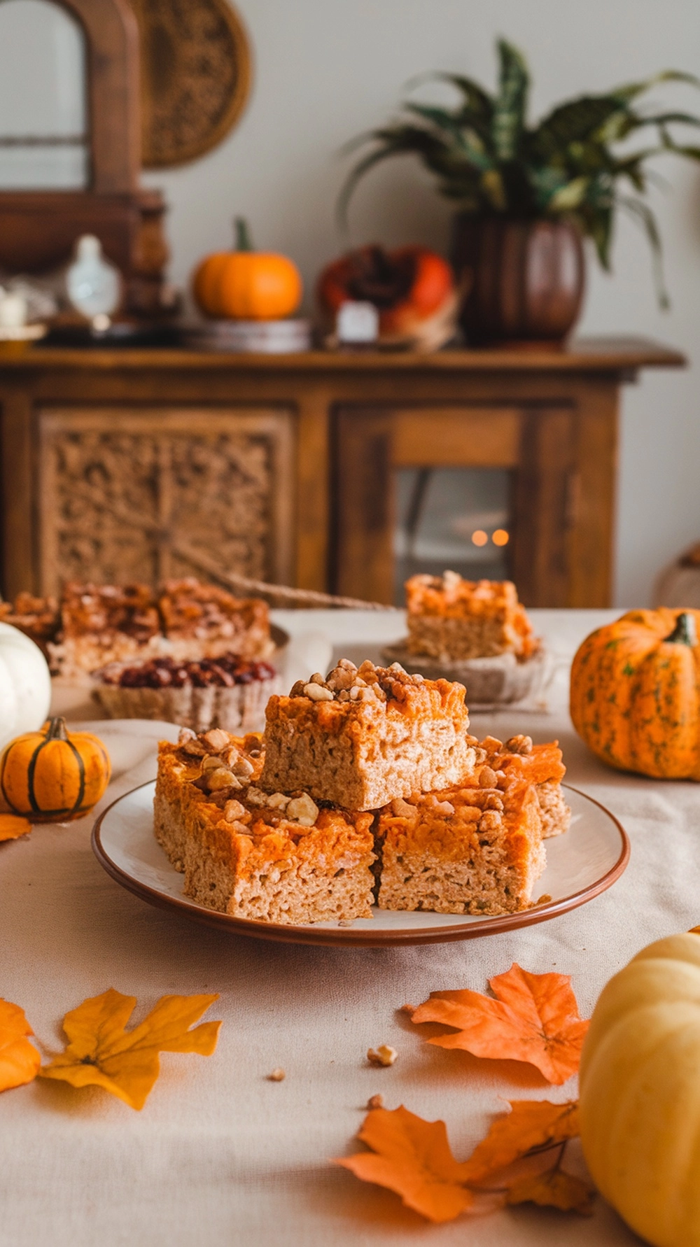 Pumpkin Spice Rice Krispie Treats with Nuts on a table decorated for fall