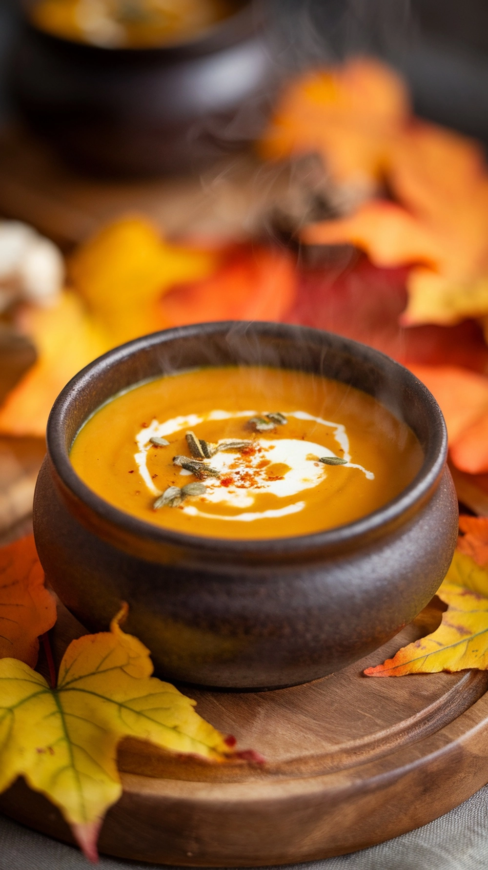 A warm bowl of pumpkin spice soup garnished with cream and spices, surrounded by colorful autumn leaves.