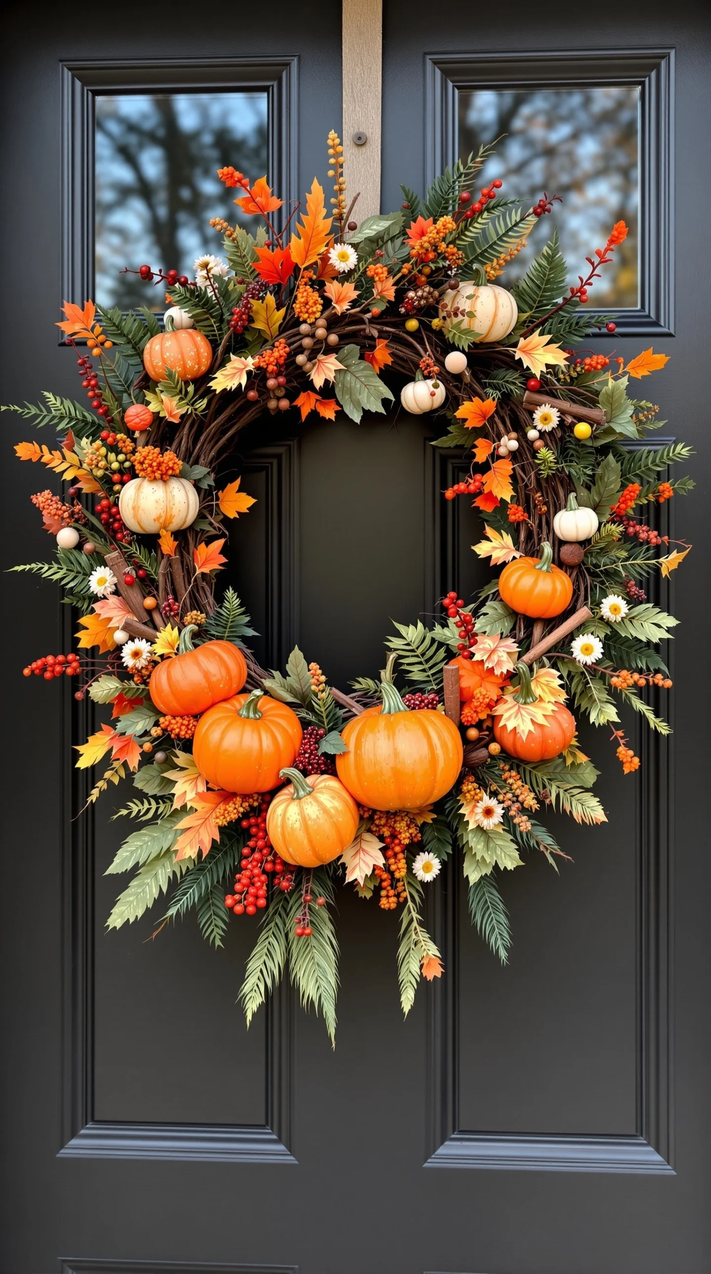17 Cozy Fall Wreath Ideas to Make Your Front Door Shine 11 A vibrant pumpkin spice wreath adorned with pumpkins, colorful leaves, and berries, hanging on a black door.