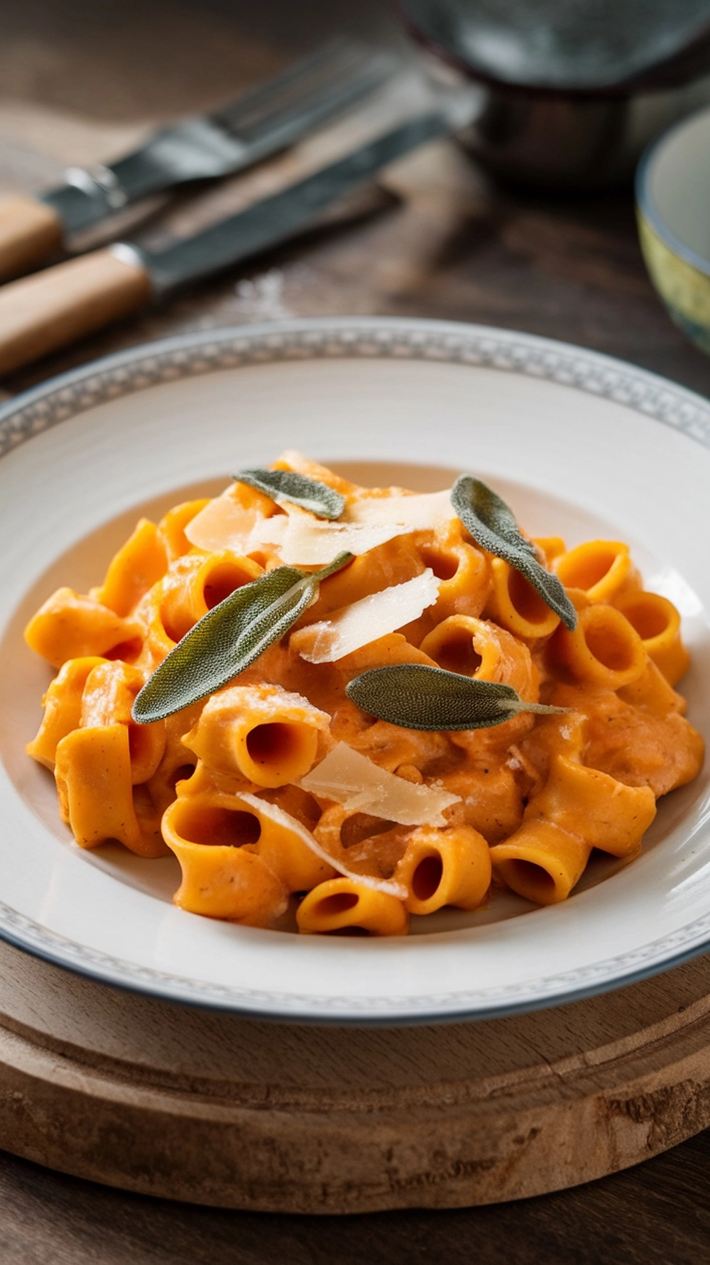A plate of pumpkin and sage pasta garnished with sage leaves and Parmesan cheese.