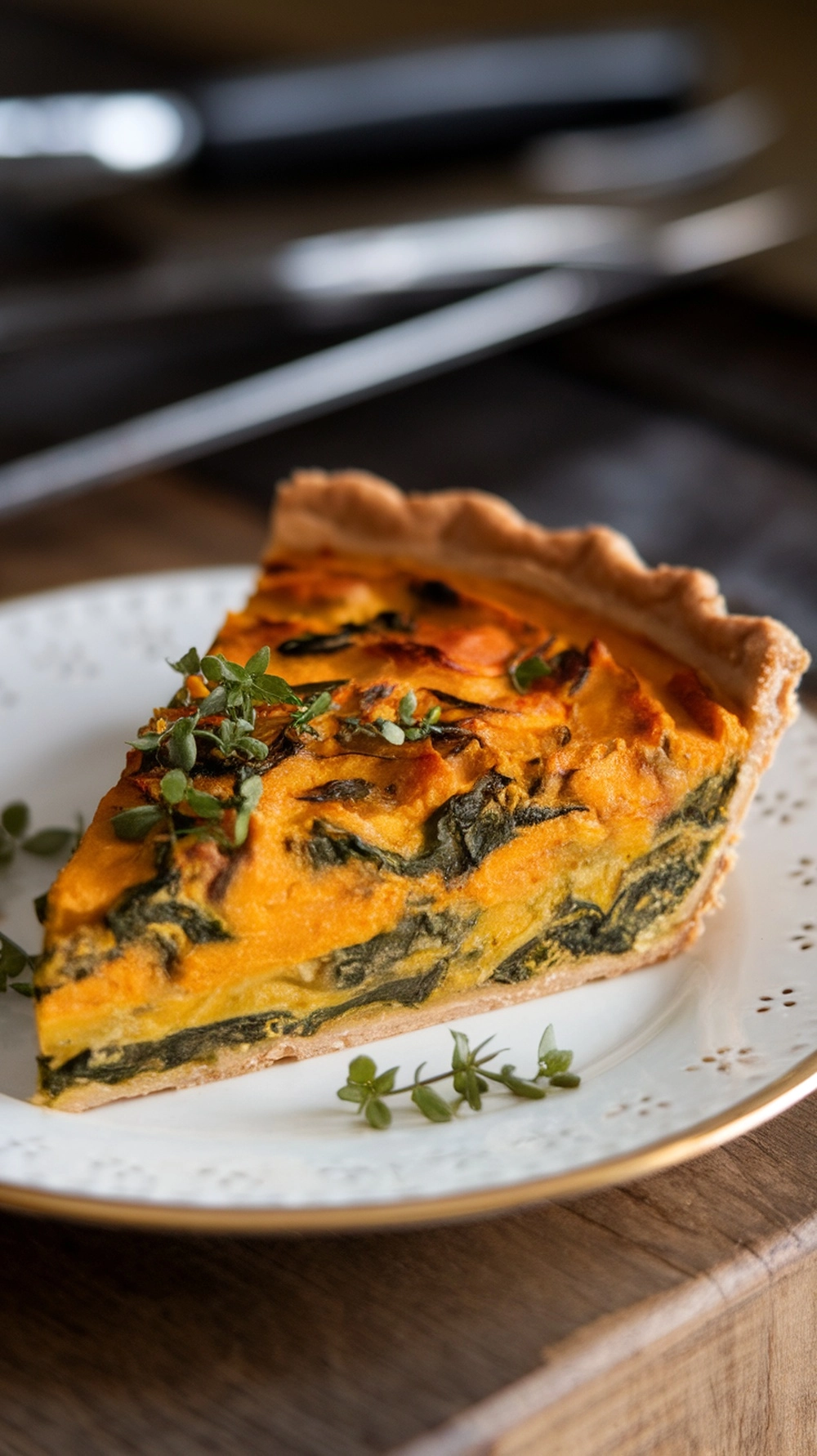 Slice of pumpkin and spinach quiche on a decorative plate