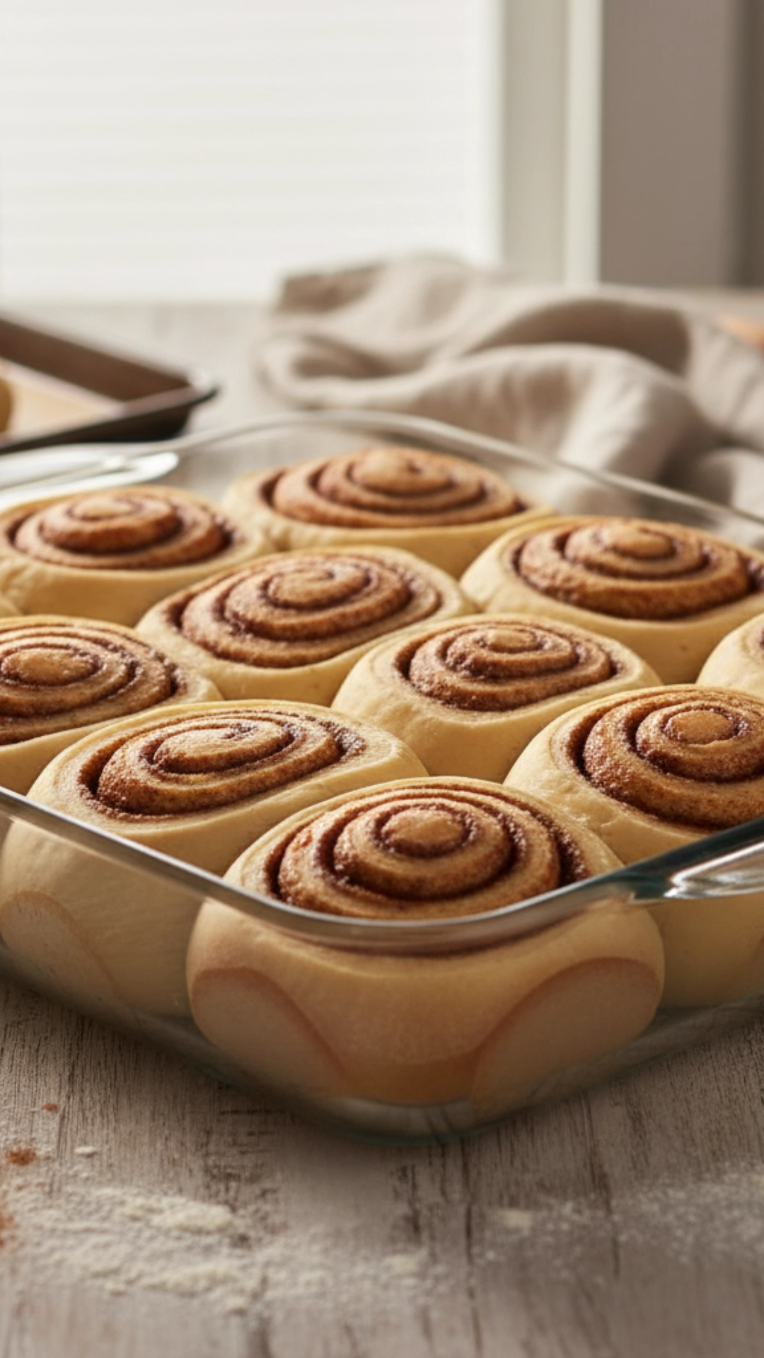 Uncooked cinnamon rolls arranged snugly in a greased baking pan, having risen and puffed up, ready to be baked.