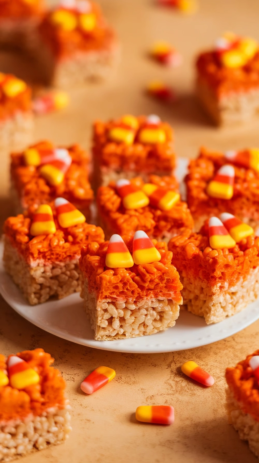 A plate of Rice Krispie pumpkin treats topped with candy corn, with a spooky background.