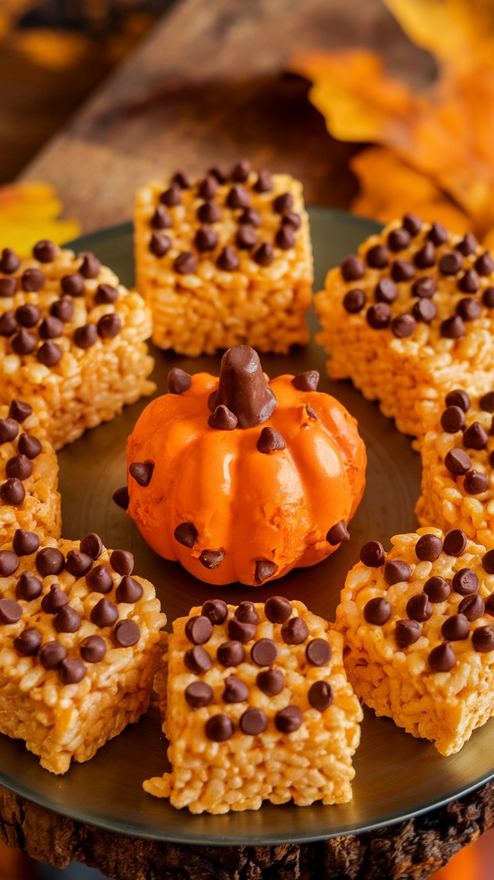 Plate of Rice Krispie pumpkin treats with mini chocolate chips