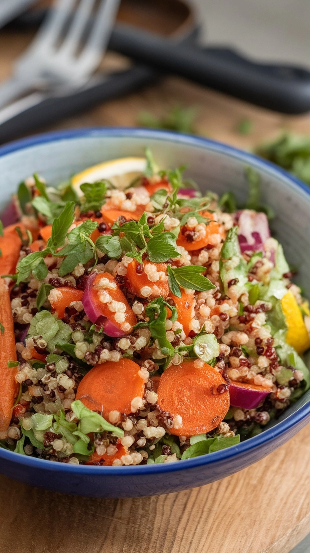 A colorful bowl of roasted carrot and quinoa salad with fresh greens and herbs.