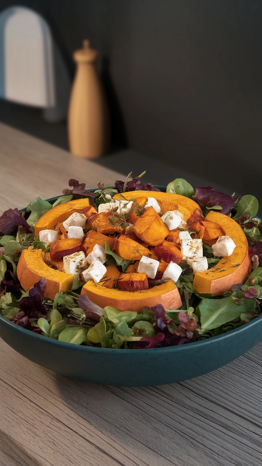 A vibrant roasted pumpkin salad with feta cheese on a wooden table.