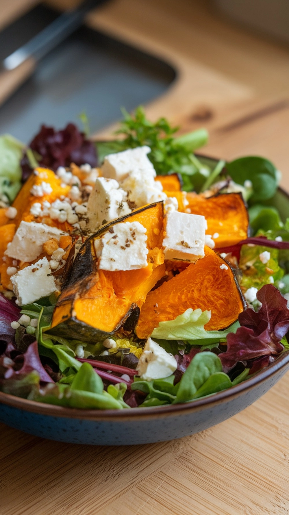 A colorful Roasted Pumpkin and Feta Salad in a bowl, featuring roasted pumpkin wedges, crumbled feta cheese, and mixed greens.