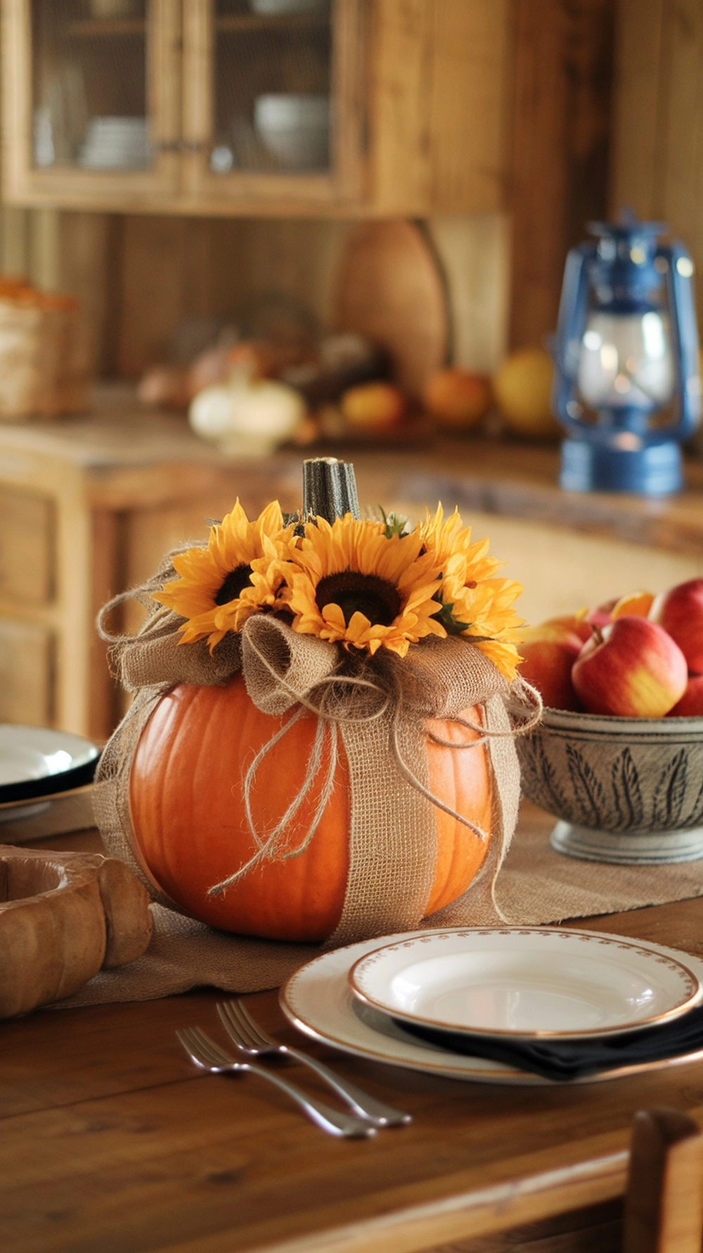 A rustic farmhouse pumpkin decorated with burlap and sunflowers, set on a wooden table.