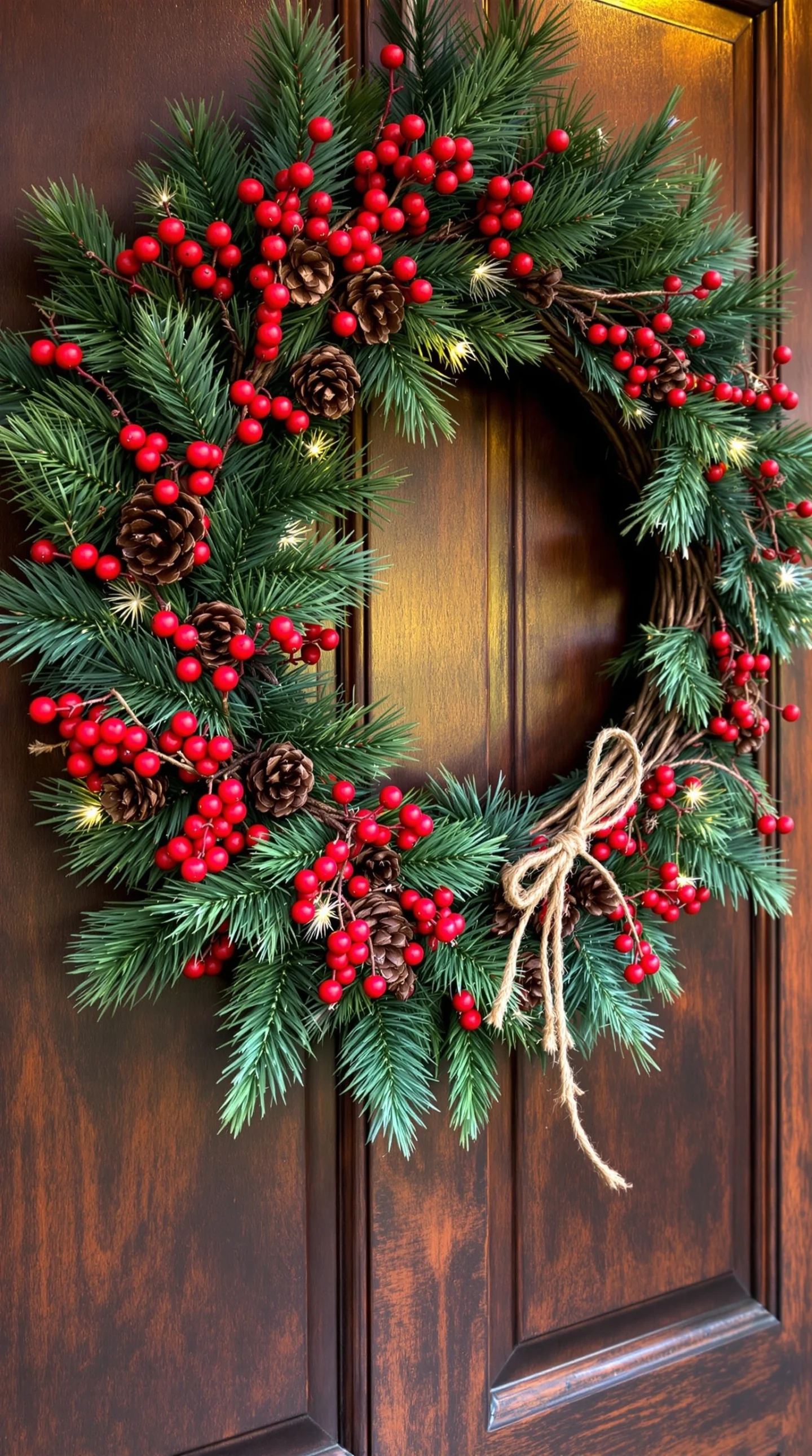 17 Cozy Fall Wreath Ideas to Make Your Front Door Shine 6 A rustic pinecone and berry wreath hanging on a wooden door.