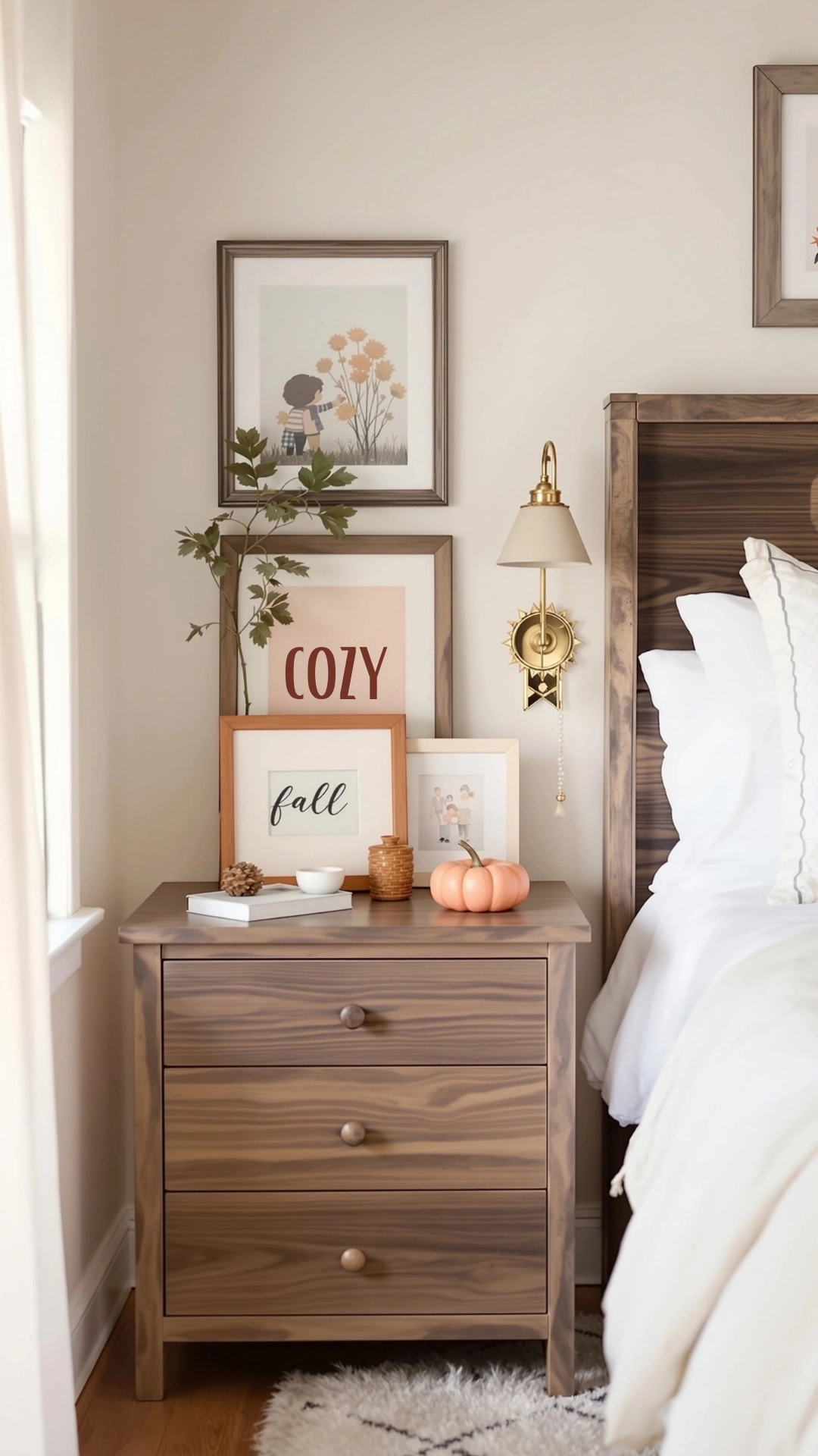 A cozy fall bedroom with rustic wooden accents, featuring a wooden nightstand, lamp, and warm decor.