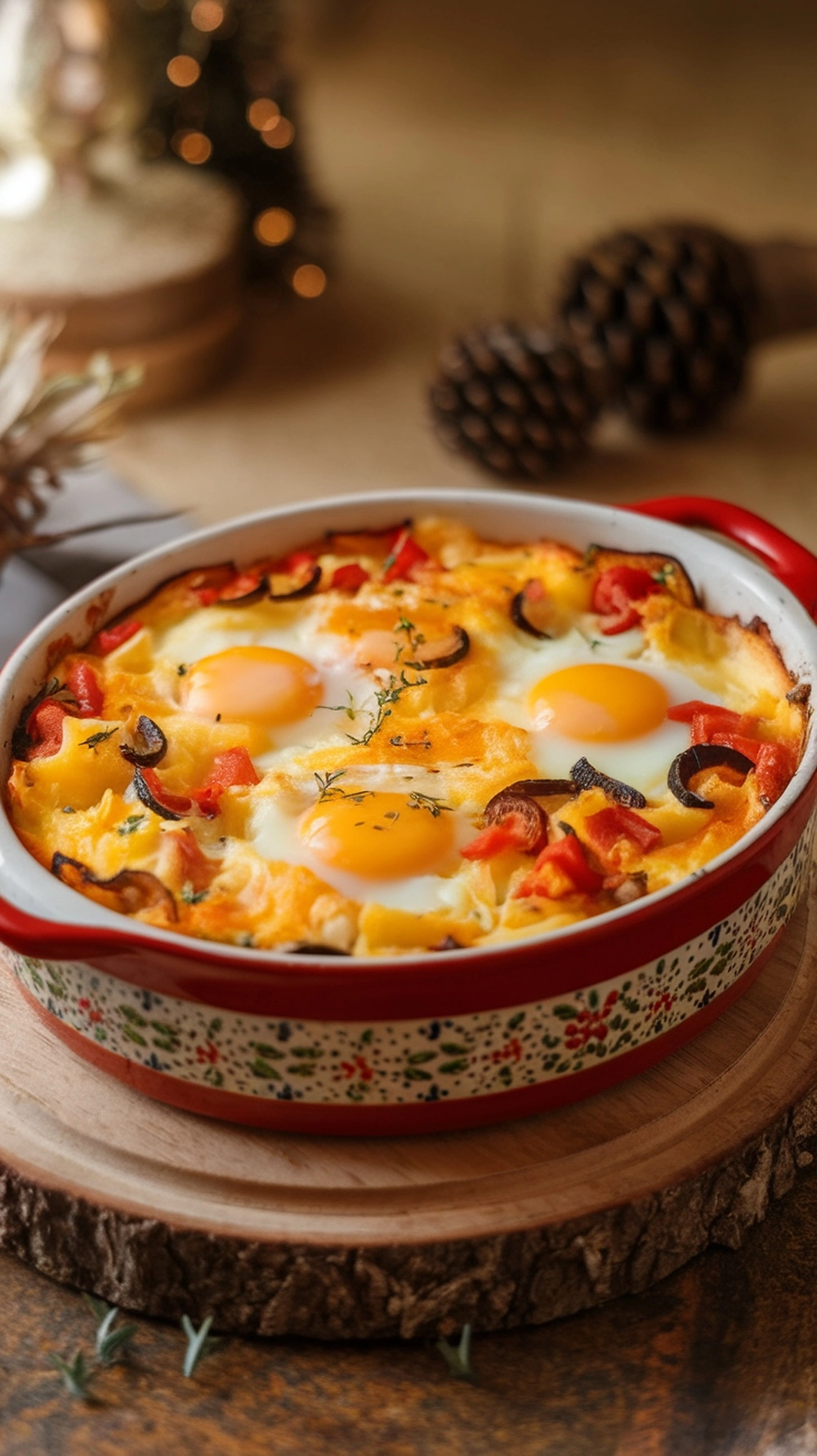 A savory breakfast casserole with eggs, cheese, and vegetables, perfect for Christmas breakfast.