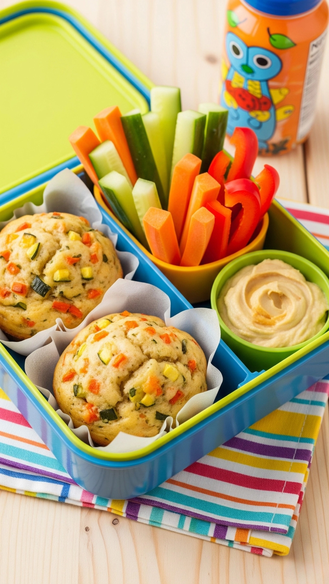 Creative and Healthy School Lunch Ideas for Kids 3 A lunchbox with two savory veggie muffins, colorful vegetable sticks, and a container of dipping sauce.