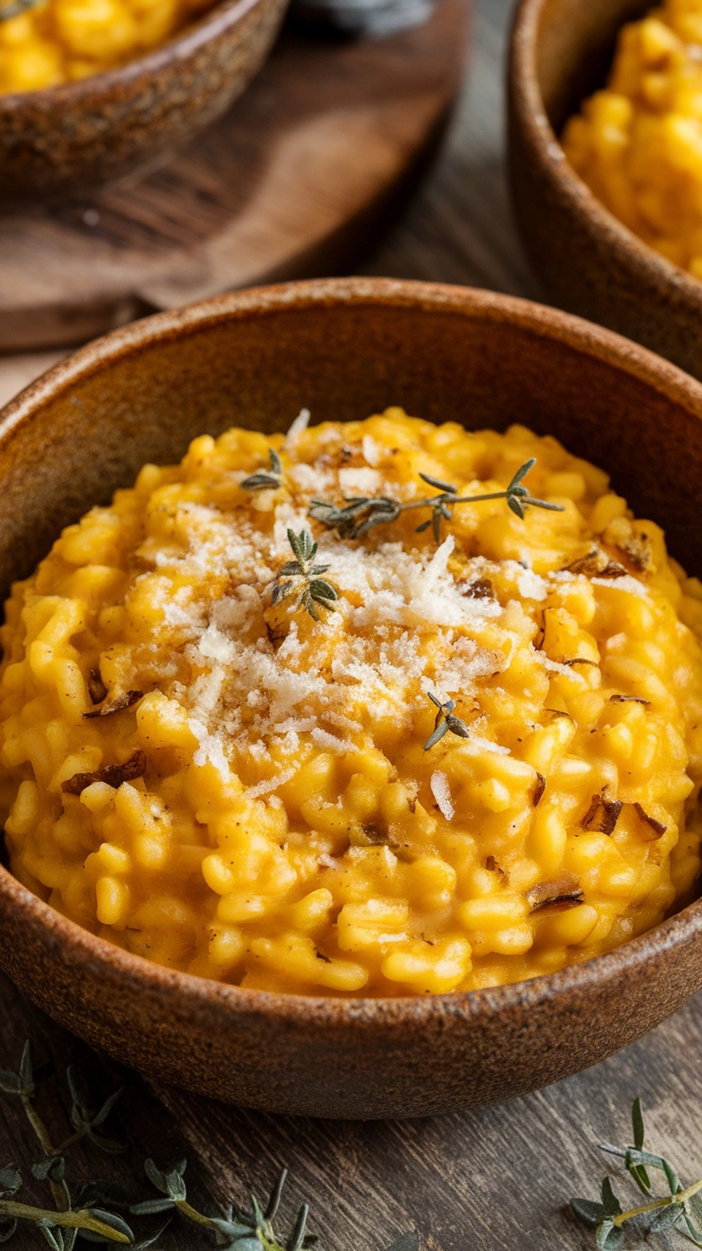 A bowl of creamy pumpkin risotto topped with thyme and Parmesan cheese