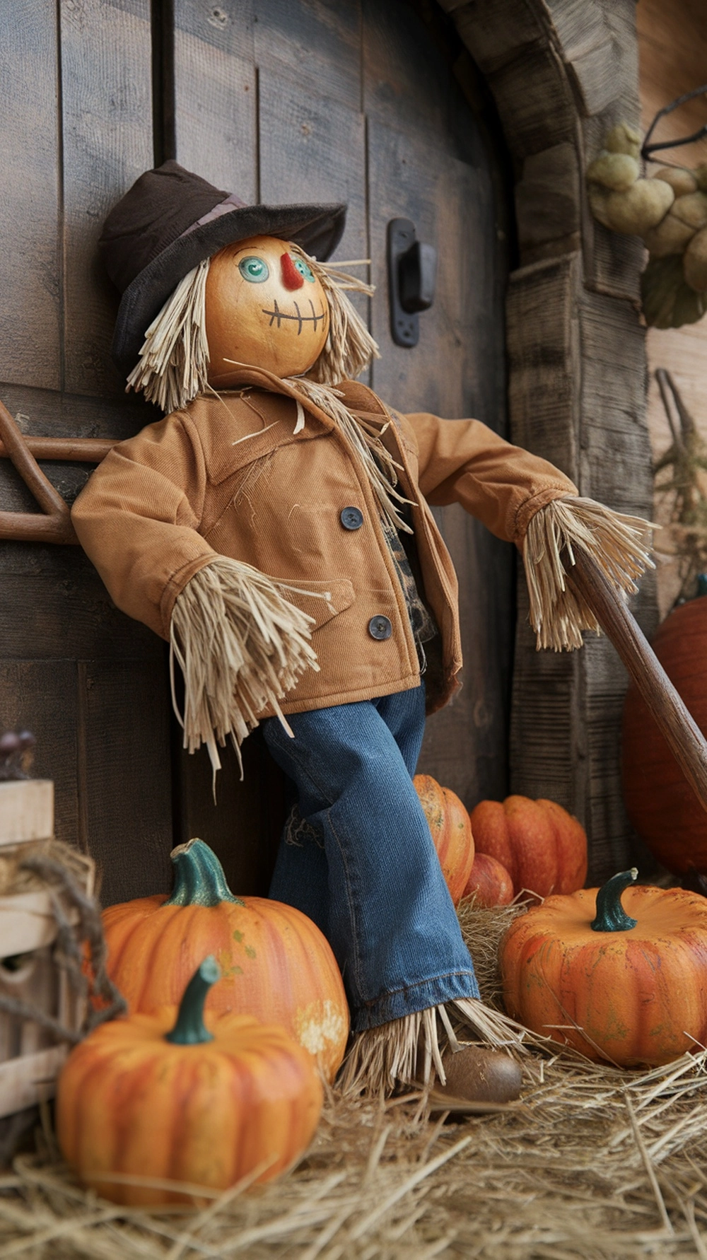 14 Beautiful Fall Door Decorations to Welcome Autumn 21 A charming scarecrow figure surrounded by pumpkins, perfect for fall door decorations.