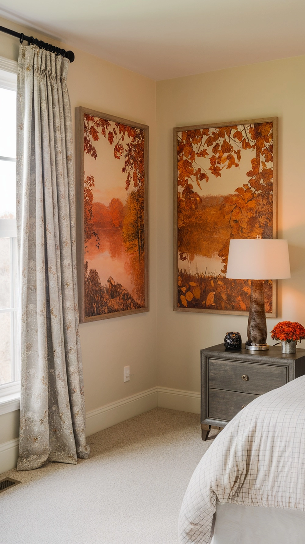 Two pieces of autumn-themed artwork in a cozy bedroom setting.