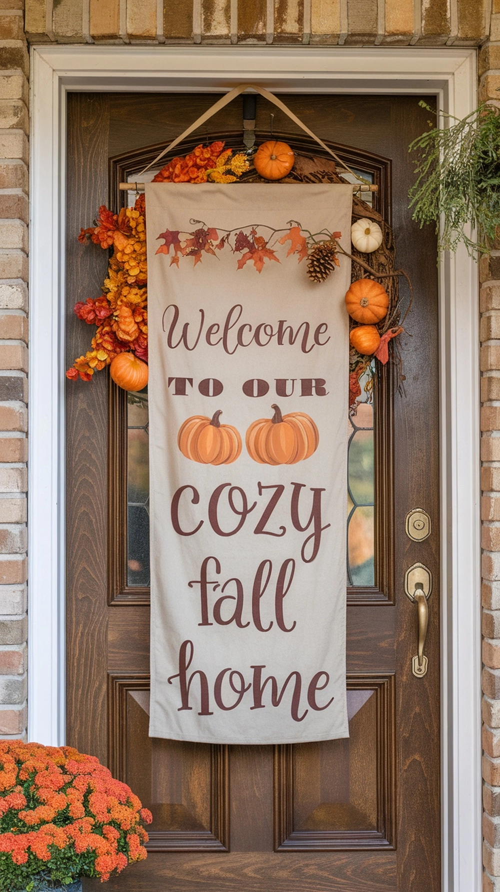 14 Beautiful Fall Door Decorations to Welcome Autumn 8 A fall-themed banner hanging on a door, surrounded by autumn decorations.