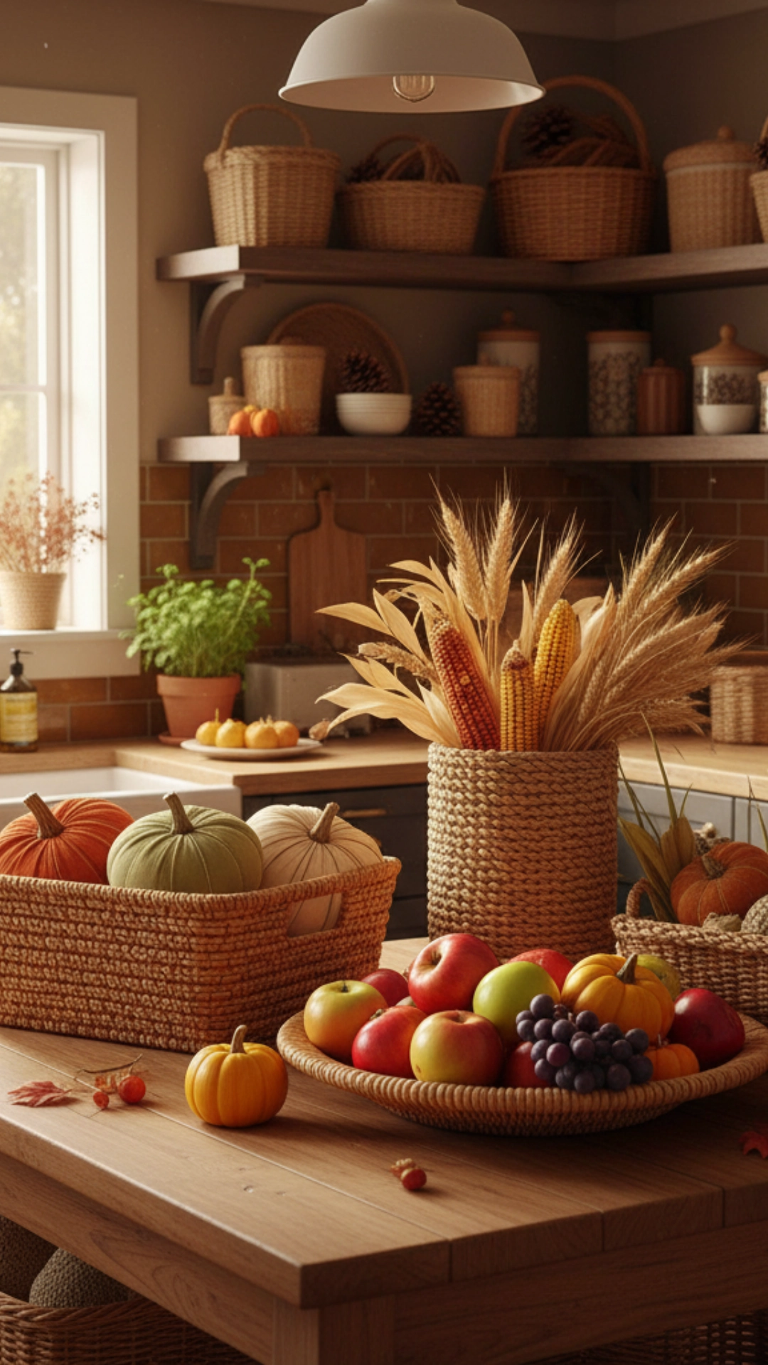 Decorative baskets filled with fruits and pinecones in a cozy kitchen setting