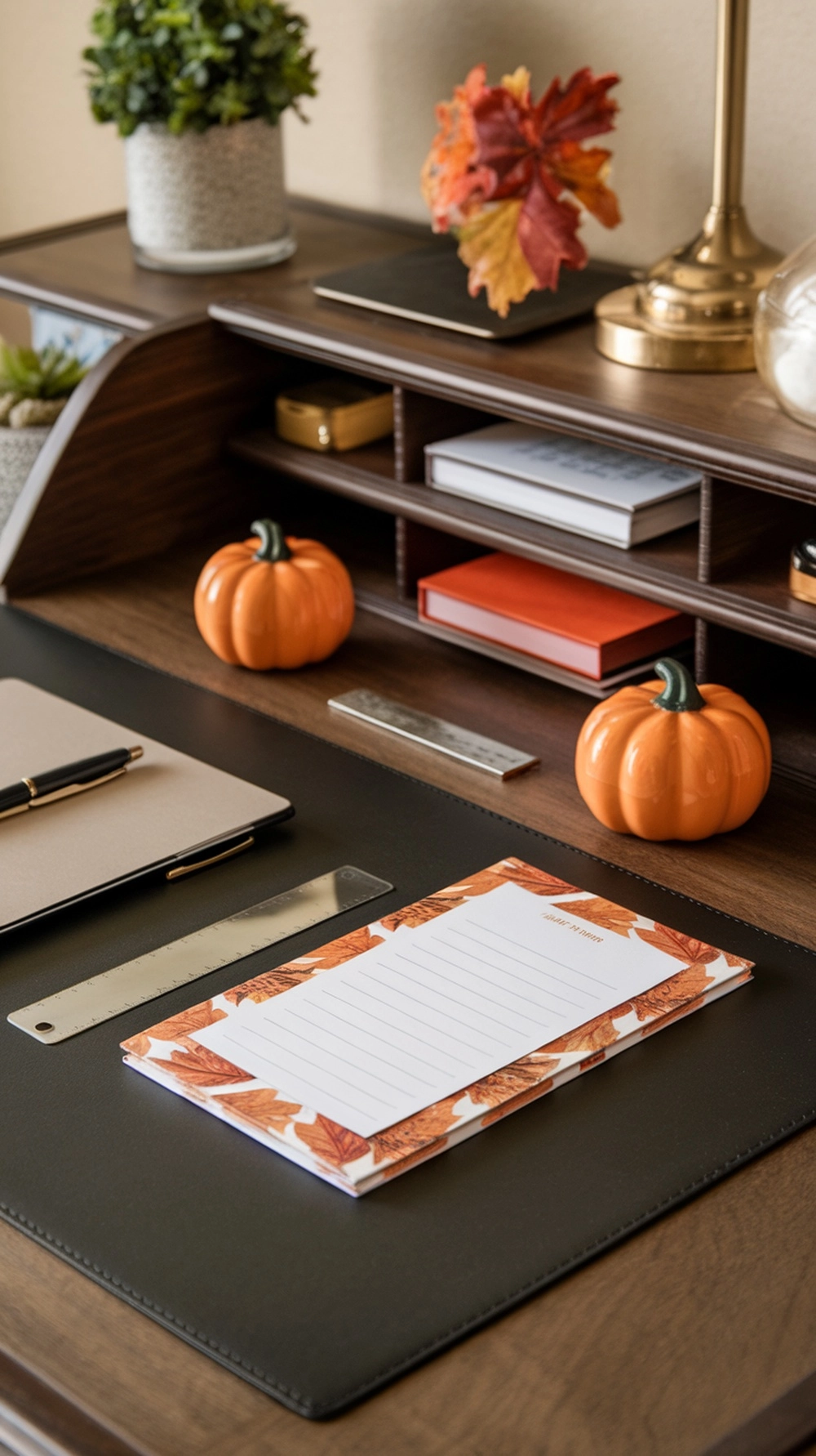 A cozy autumn desk setup featuring pumpkins, a notepad with fall leaves, and a small potted plant.