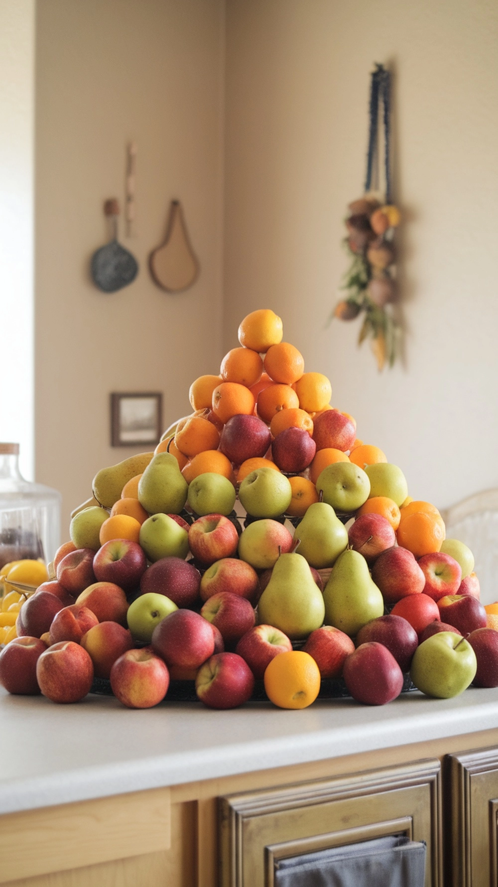 A colorful display of seasonal fruits including apples, pears, and oranges arranged in a pyramid shape on a kitchen countertop.