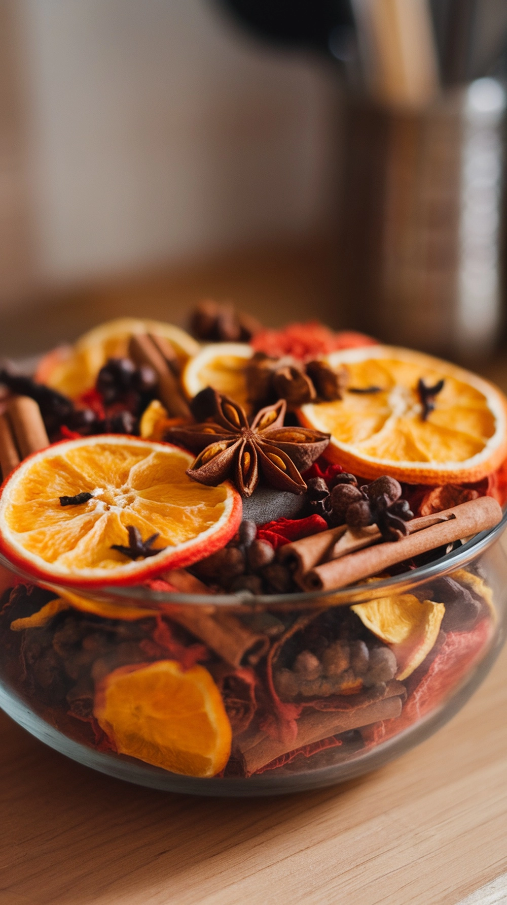 A bowl filled with dried orange slices, cinnamon sticks, and spices for fall decor.