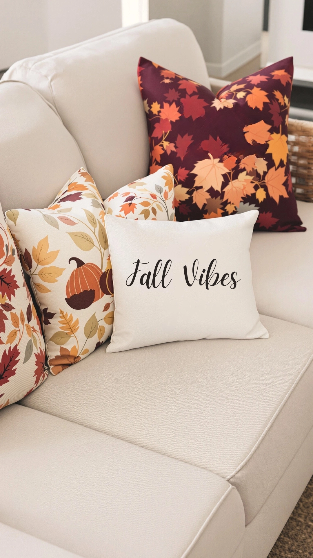 A cozy living room sofa adorned with seasonal throw pillows featuring autumn leaves and pumpkin designs.