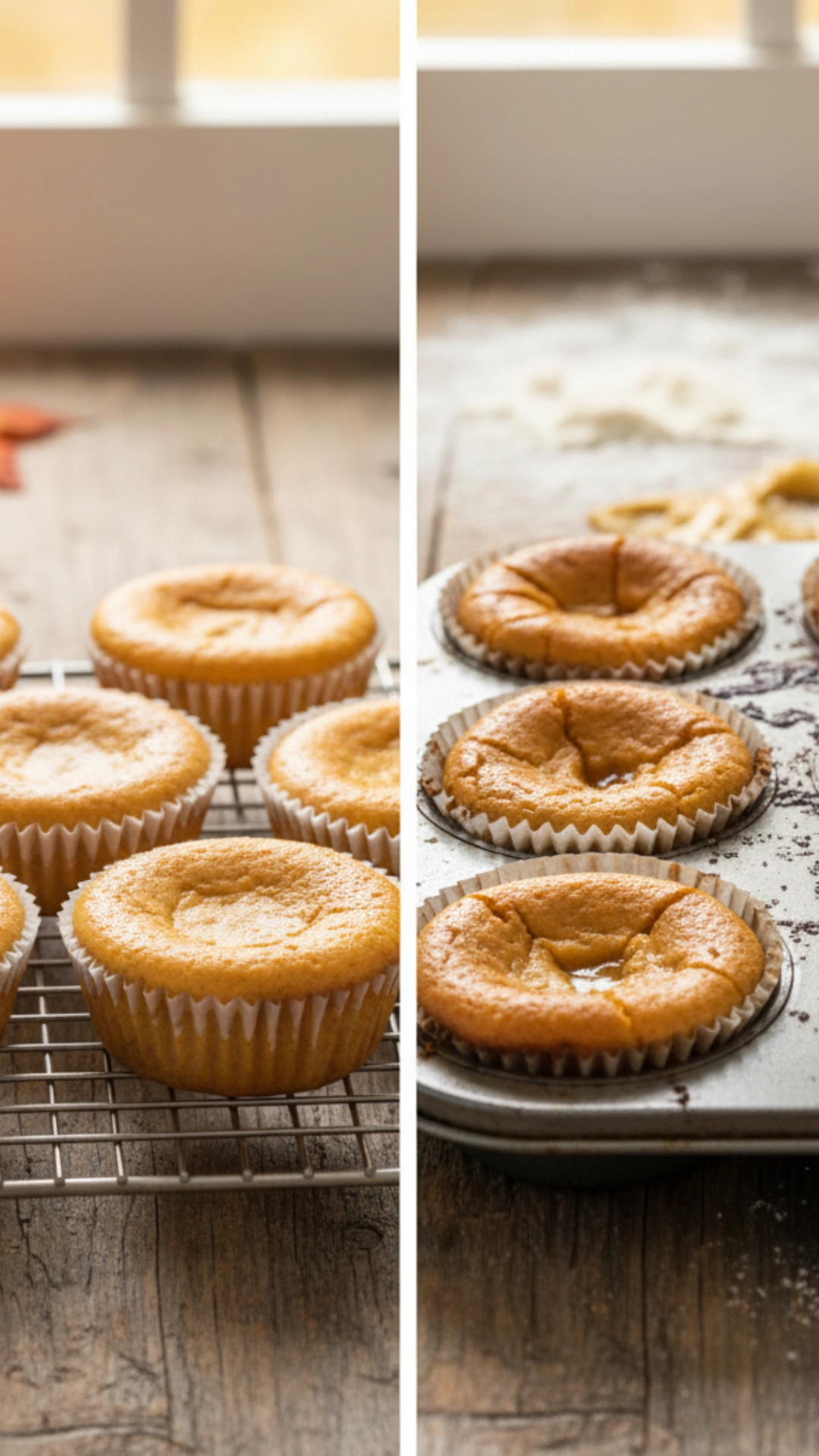 Side-by-side comparison of properly vs improperly made Mini Pumpkin Cheesecakes