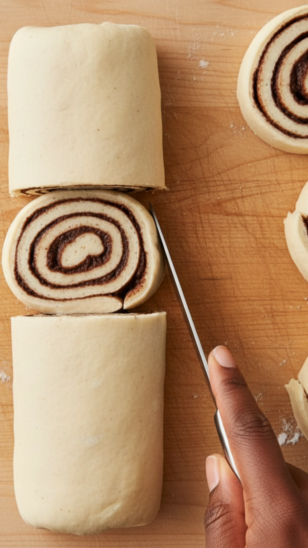 A butter knife carefully slicing a log of cinnamon roll dough into individual rolls, showing the neat spiral pattern inside from a top-down view.
