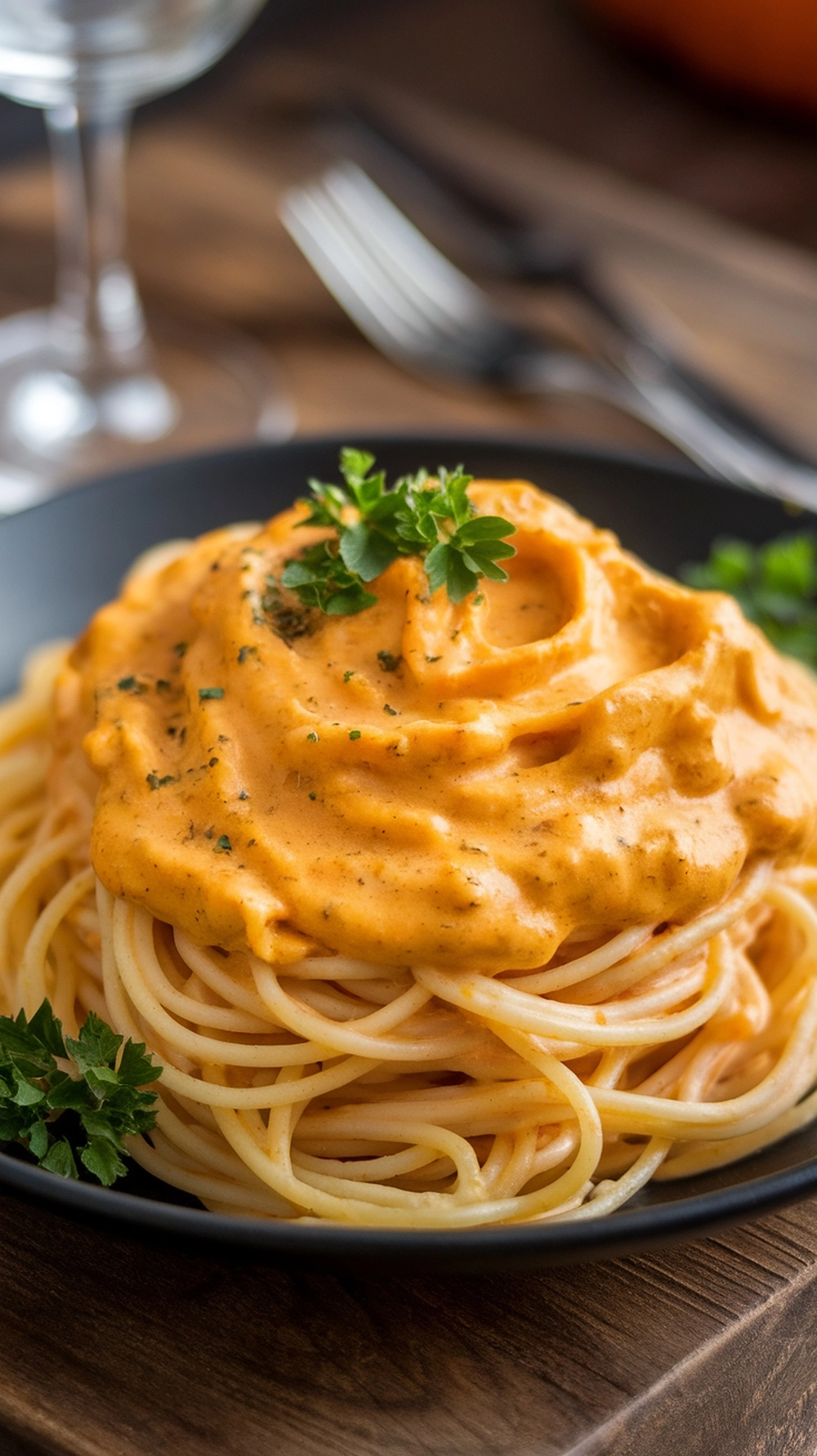 A plate of spaghetti topped with creamy pumpkin Alfredo sauce and garnished with parsley.