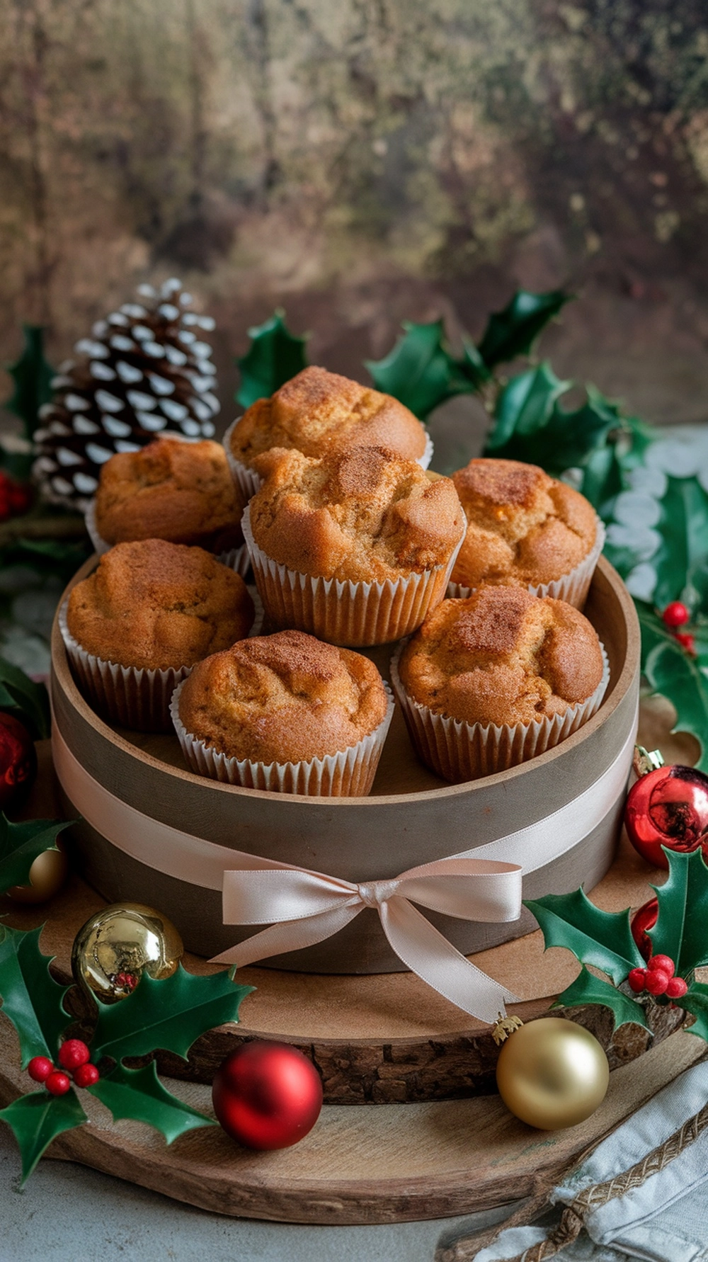 A plate of spiced apple muffins decorated with Christmas ornaments and holly.