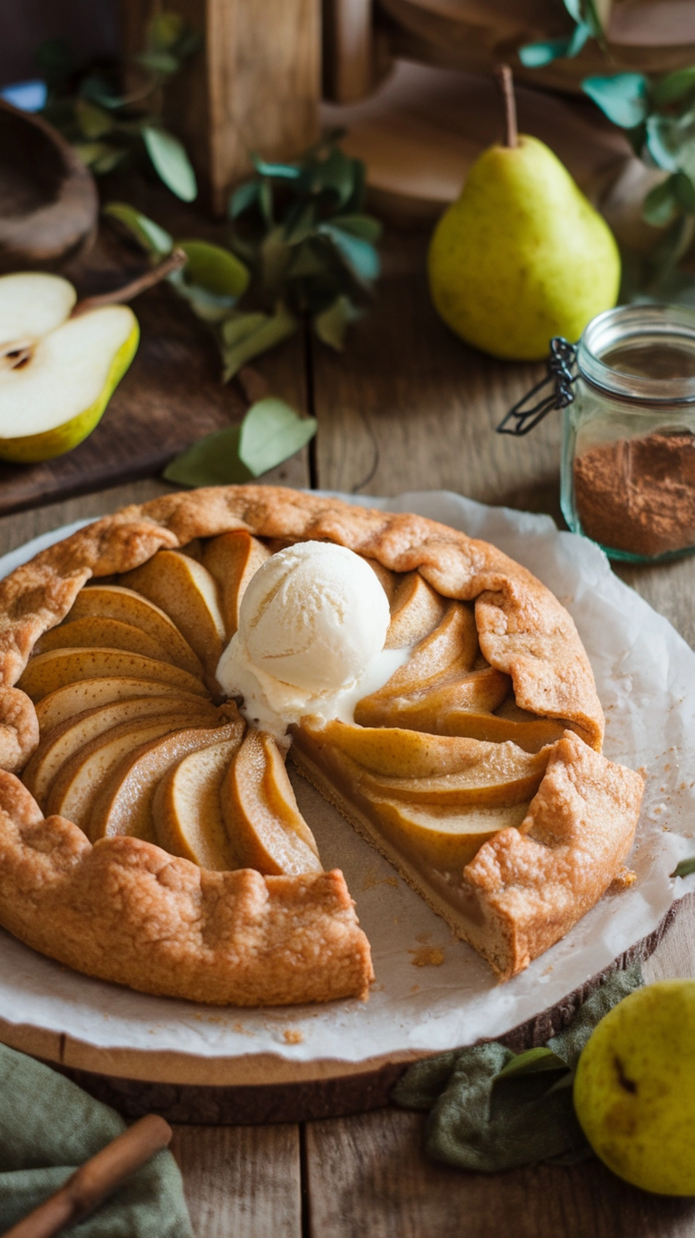 A spiced pear galette with a scoop of ice cream on top, surrounded by fresh pears and spices.