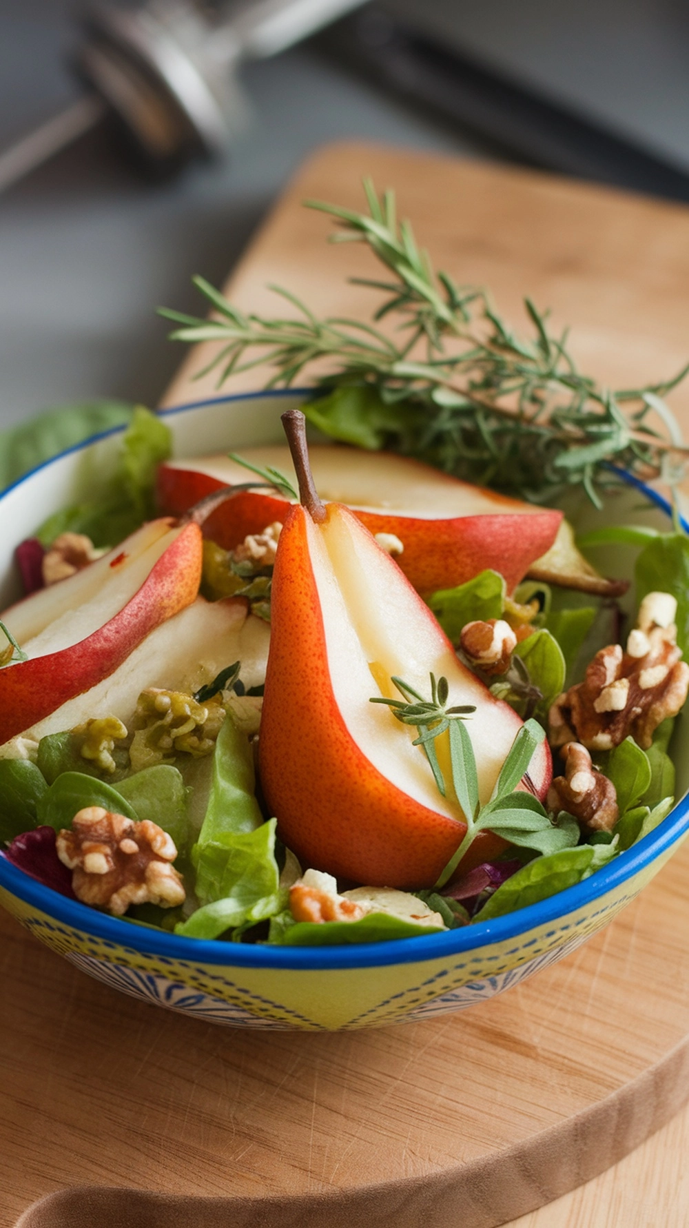 A bowl of Spiced Pear and Gorgonzola Salad with sliced pears, greens, walnuts, and herbs.