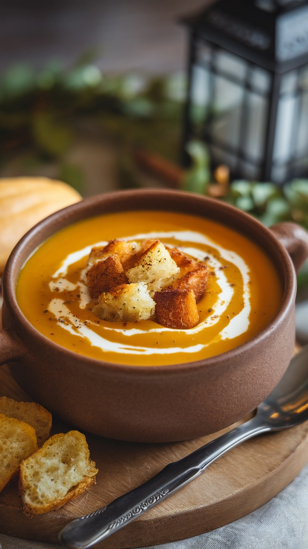 A bowl of spiced pumpkin soup topped with croutons and a drizzle of cream.