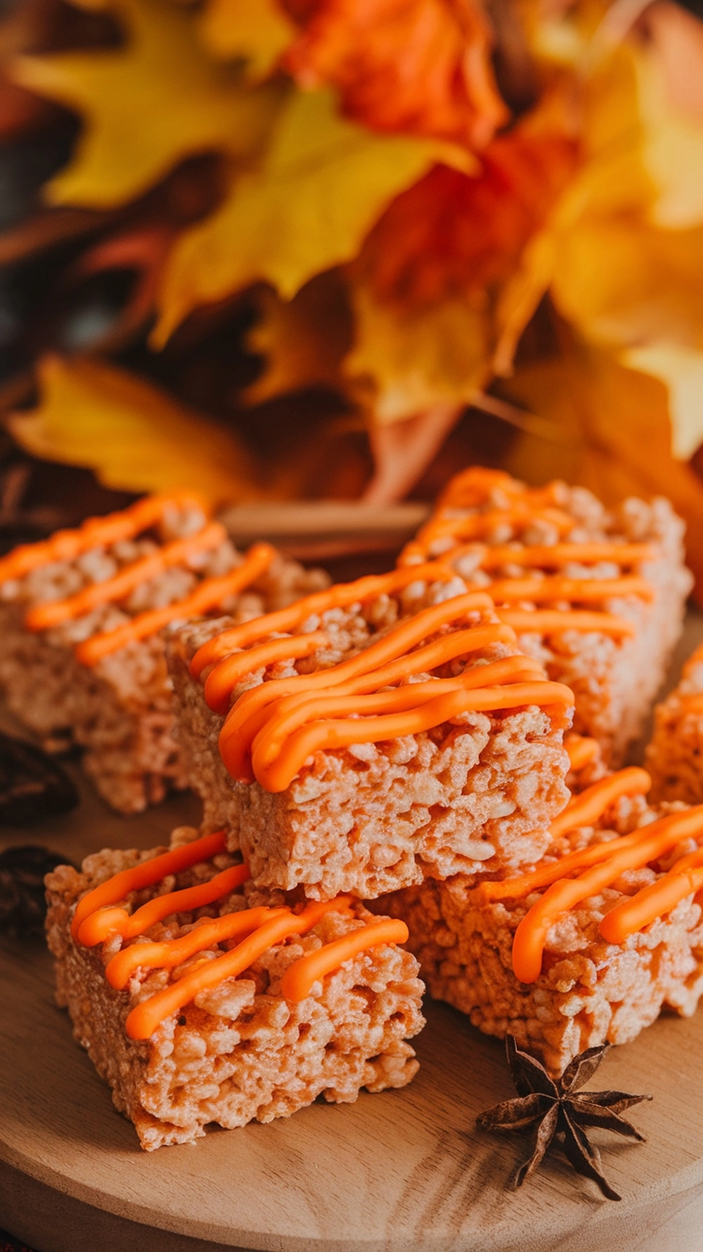 Spiced Rice Krispie treats with orange icing on a wooden platter surrounded by autumn leaves.