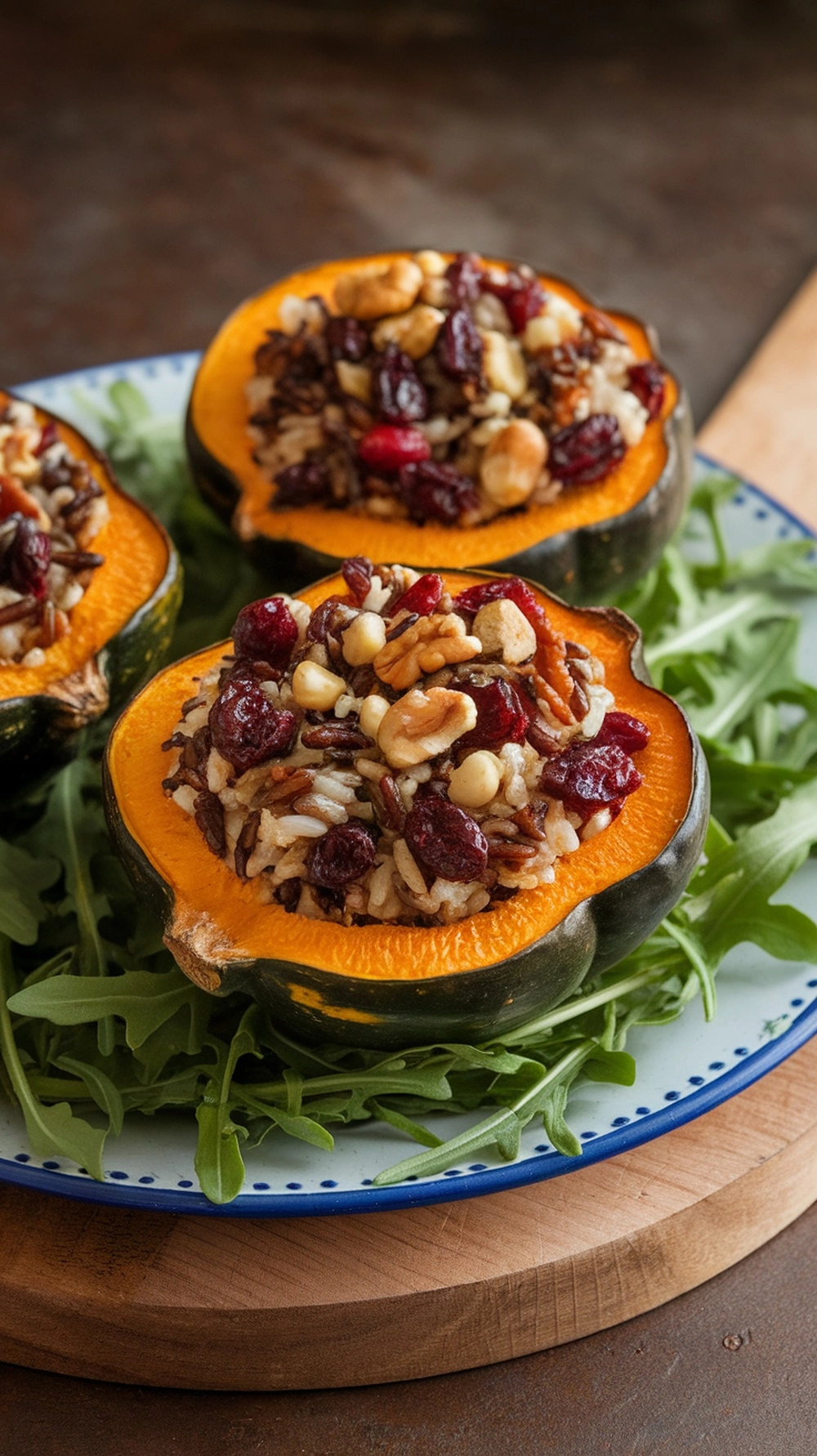 Stuffed acorn squash filled with wild rice, nuts, and cranberries on a plate with arugula.