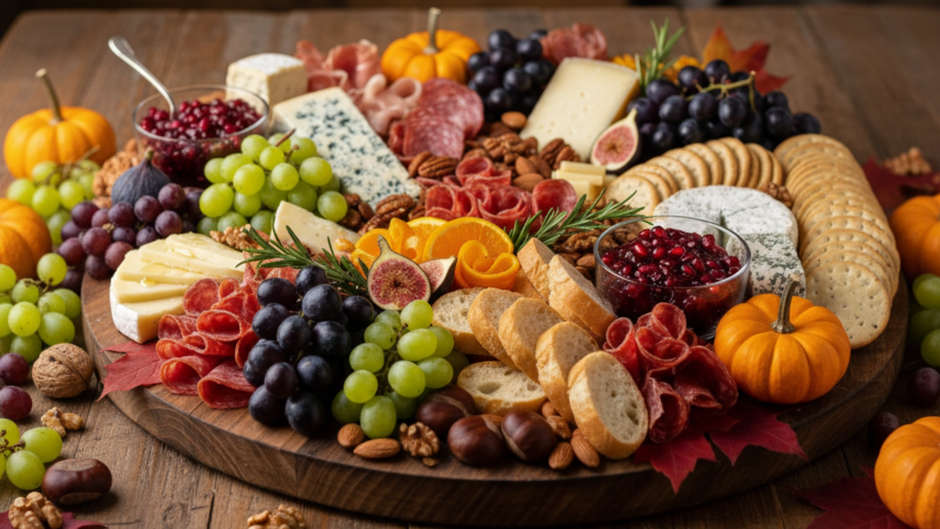 A large, round wooden charcuterie board on a rustic table, loaded with cheeses, cured meats, grapes, figs, nuts, and crackers, and garnished with mini pumpkins and rosemary for a festive autumn theme.