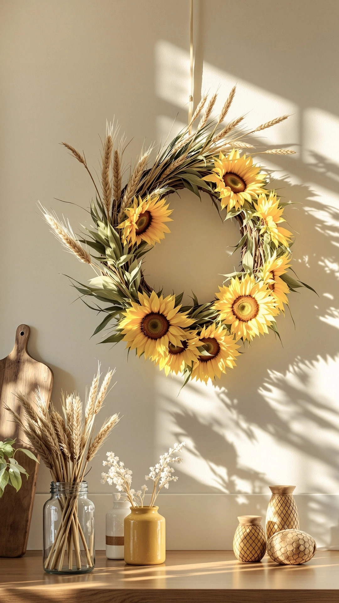 17 Cozy Fall Wreath Ideas to Make Your Front Door Shine 4 Cute sunflower and wheat wreath hanging on a wall, surrounded by autumn decor.