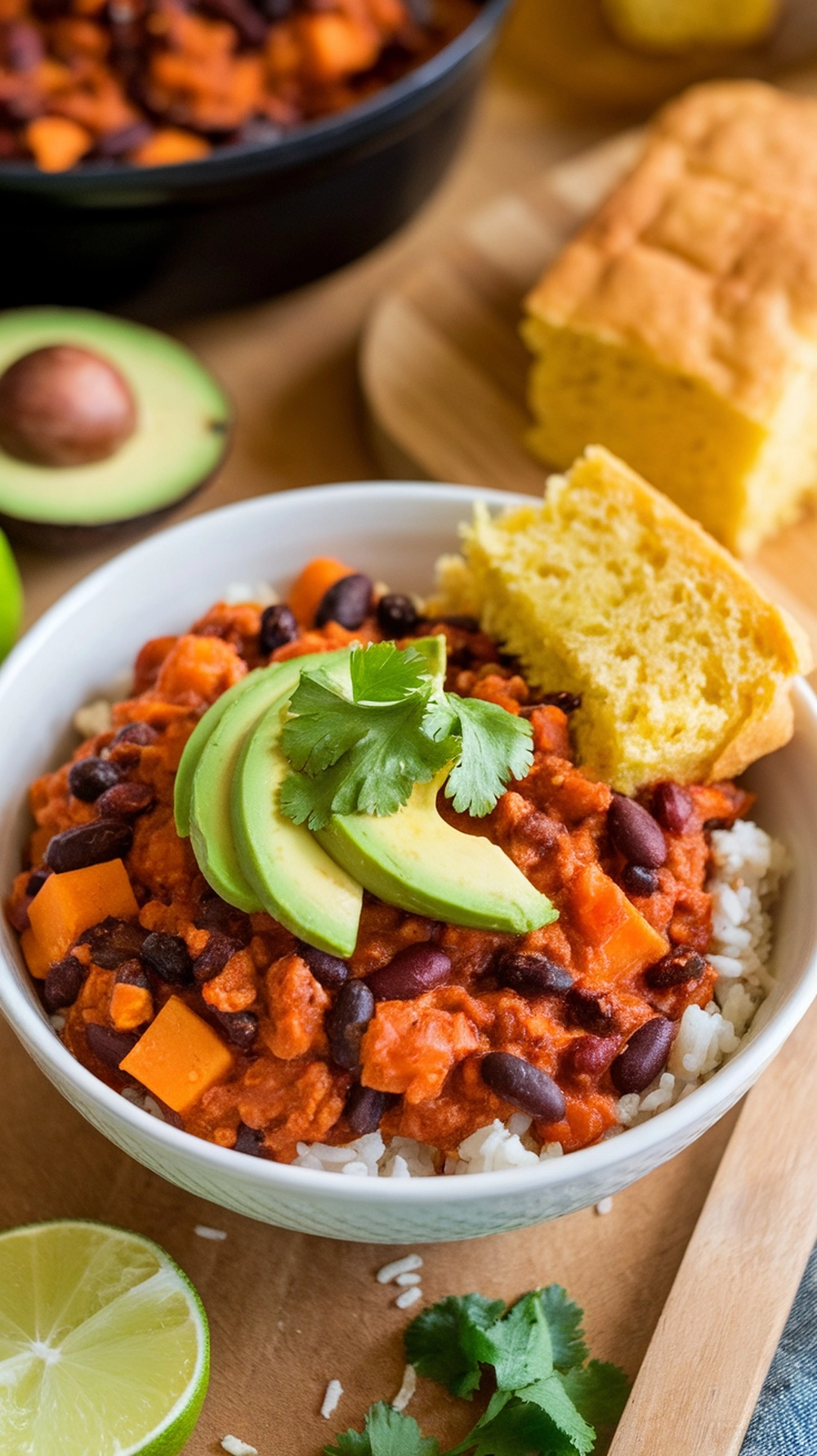 A bowl of sweet potato and black bean chili topped with avocado slices and cilantro, served with cornbread on the side.