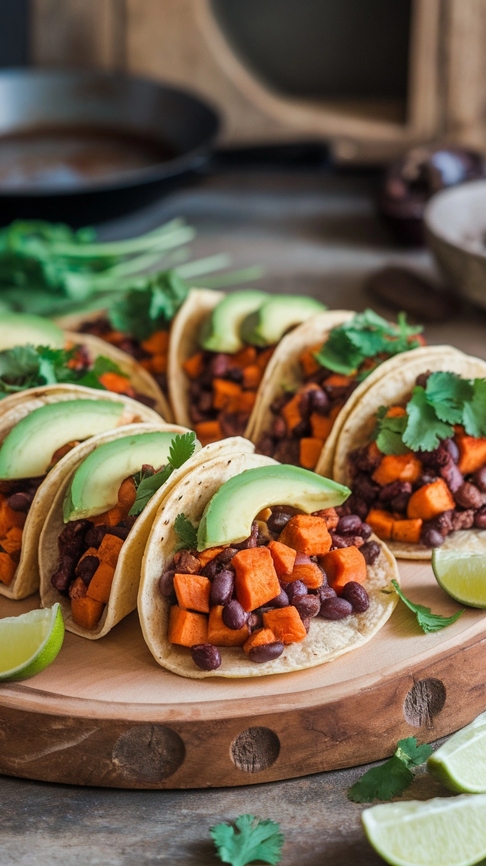 Sweet potato and black bean tacos topped with avocado and cilantro on a wooden platter
