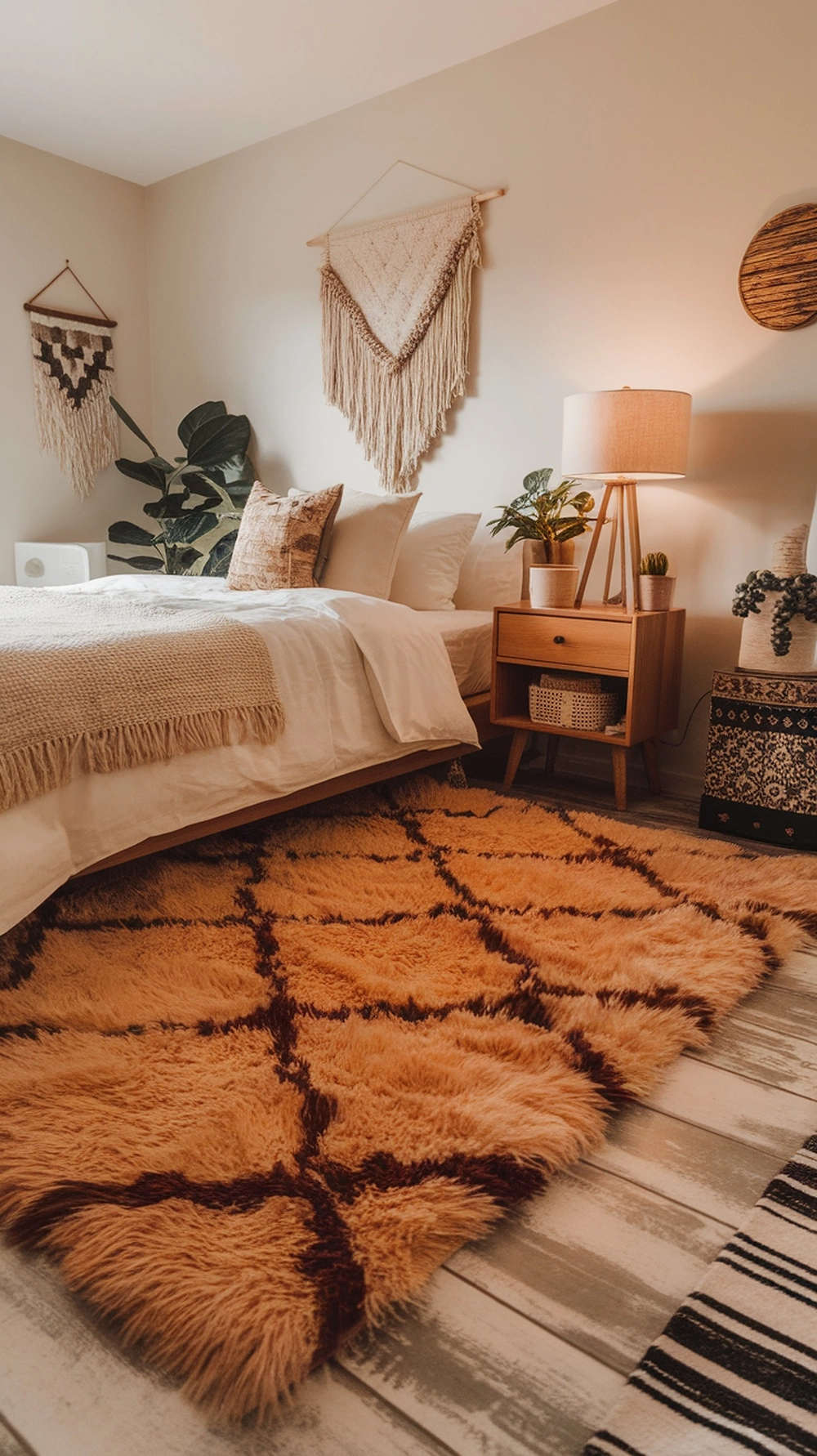 A cozy bedroom with a textured rug, warm colors, and autumn decor elements.