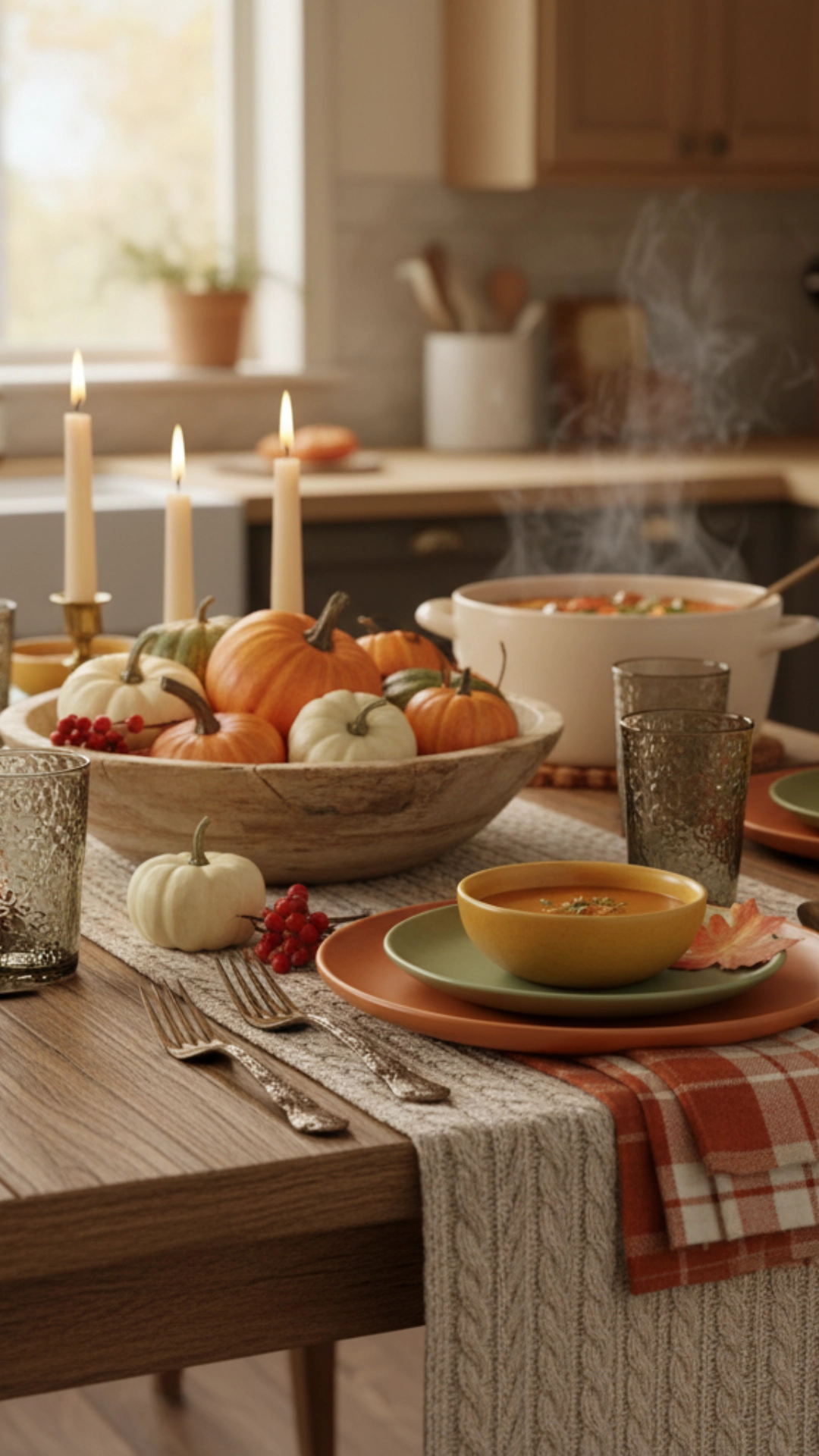 A beautifully arranged fall table setting with pumpkins, fruits, and candles.