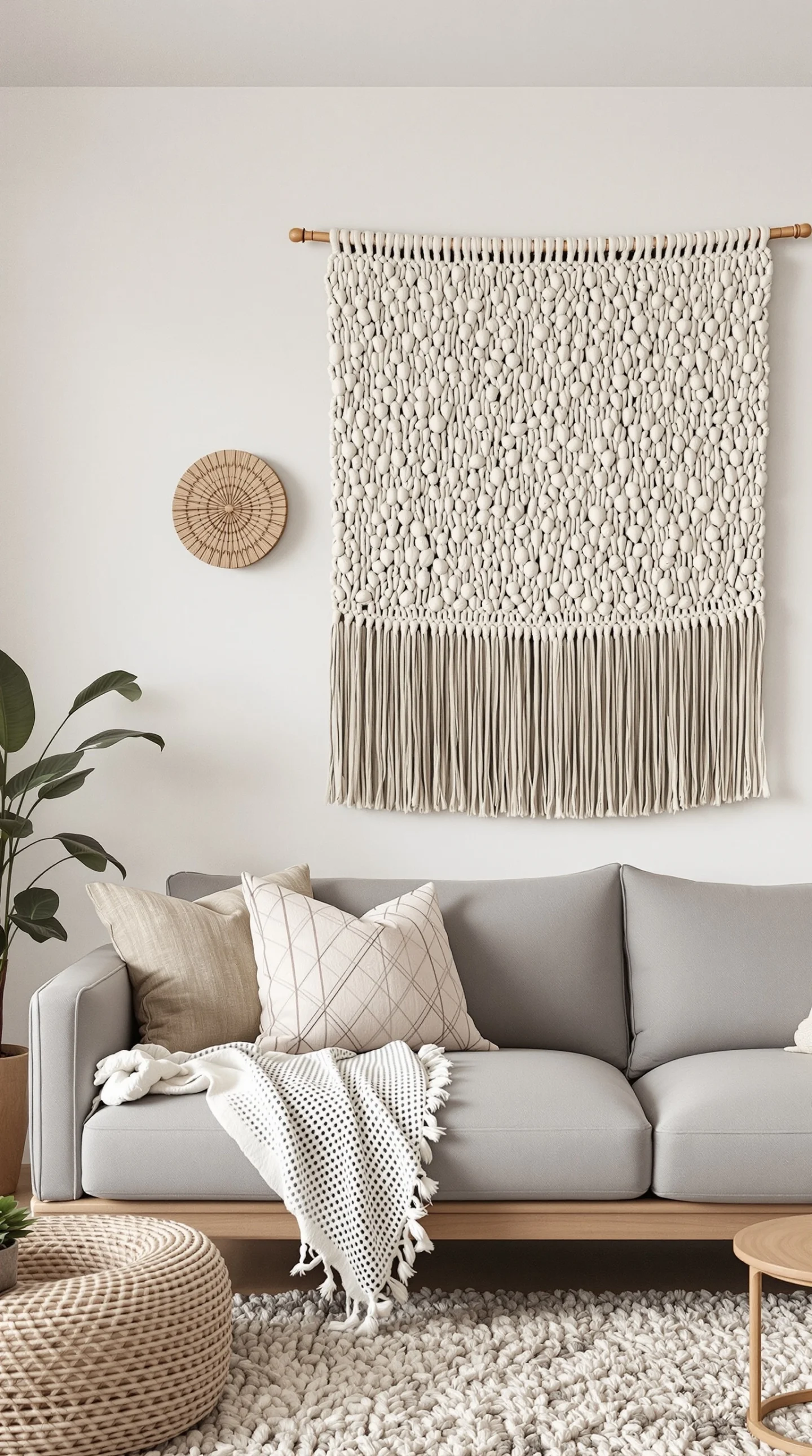 A cozy living room featuring a textured wall hanging, soft pillows, and a knitted throw.