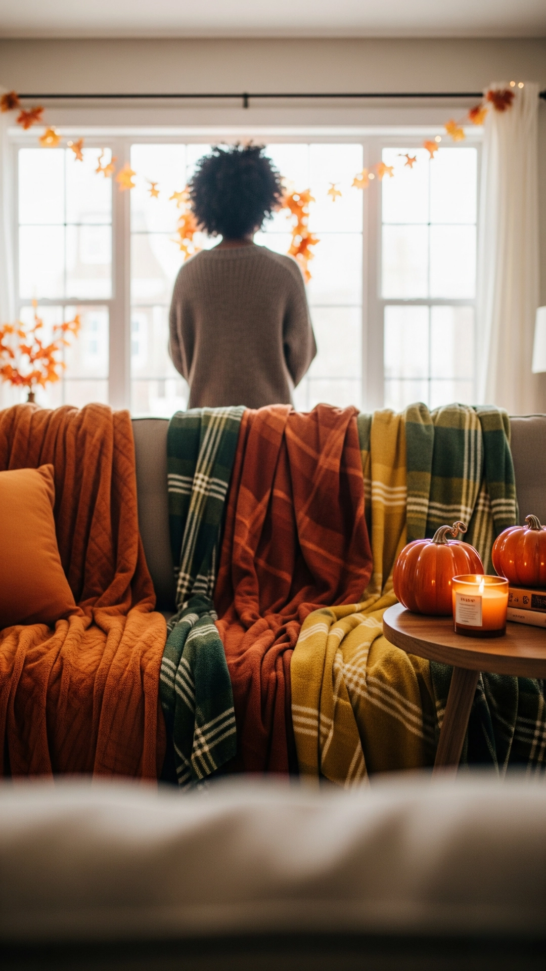 How to Make Your Fall Home Decor Look Expensive 8 A woman smiles as she looks around her beautifully decorated, warm, and golden-lit living room in the fall.