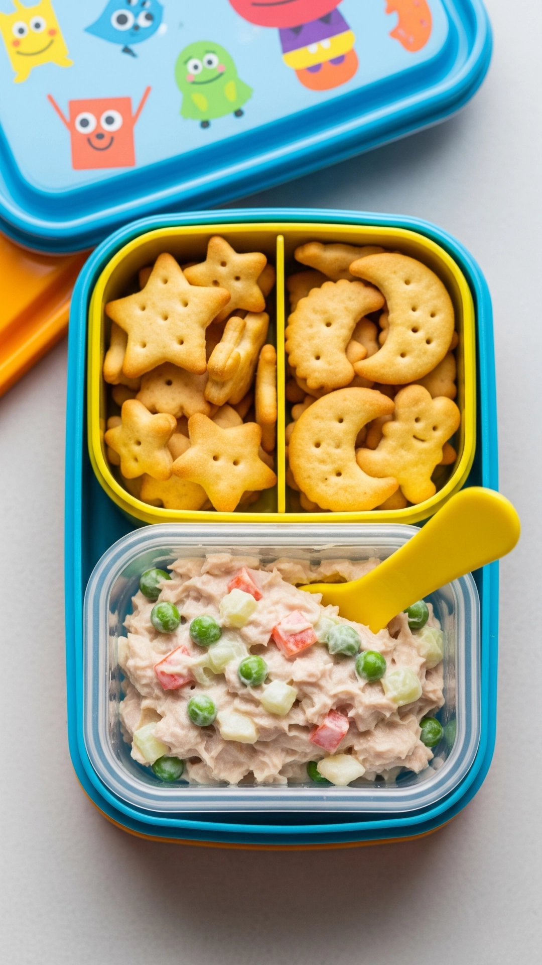 Creative and Healthy School Lunch Ideas for Kids 16 A kid's lunch kit with a container of tuna salad and a separate section of fun-shaped crackers.