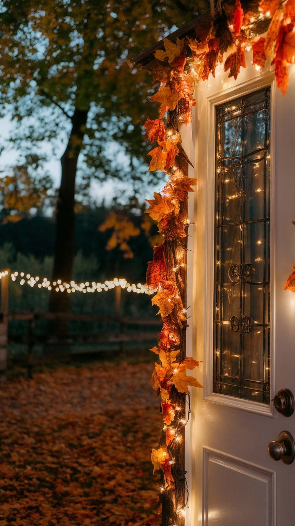 14 Beautiful Fall Door Decorations to Welcome Autumn 15 A door adorned with autumn leaves and fairy lights, creating a cozy fall atmosphere.
