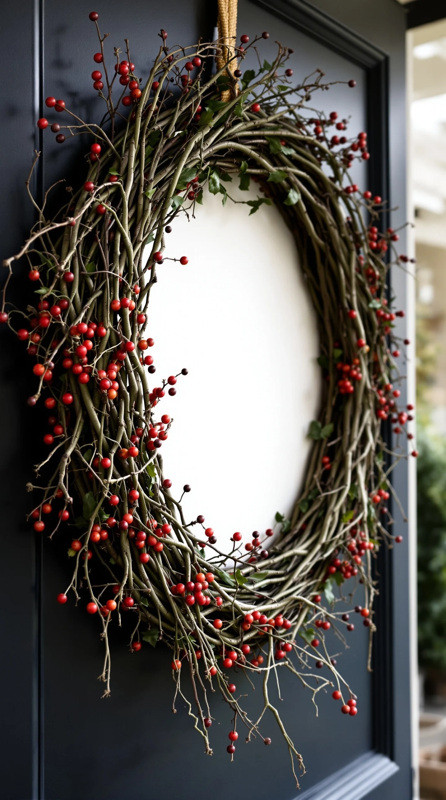 17 Cozy Fall Wreath Ideas to Make Your Front Door Shine 17 A twisted vine wreath adorned with red berries, hanging on a dark door.