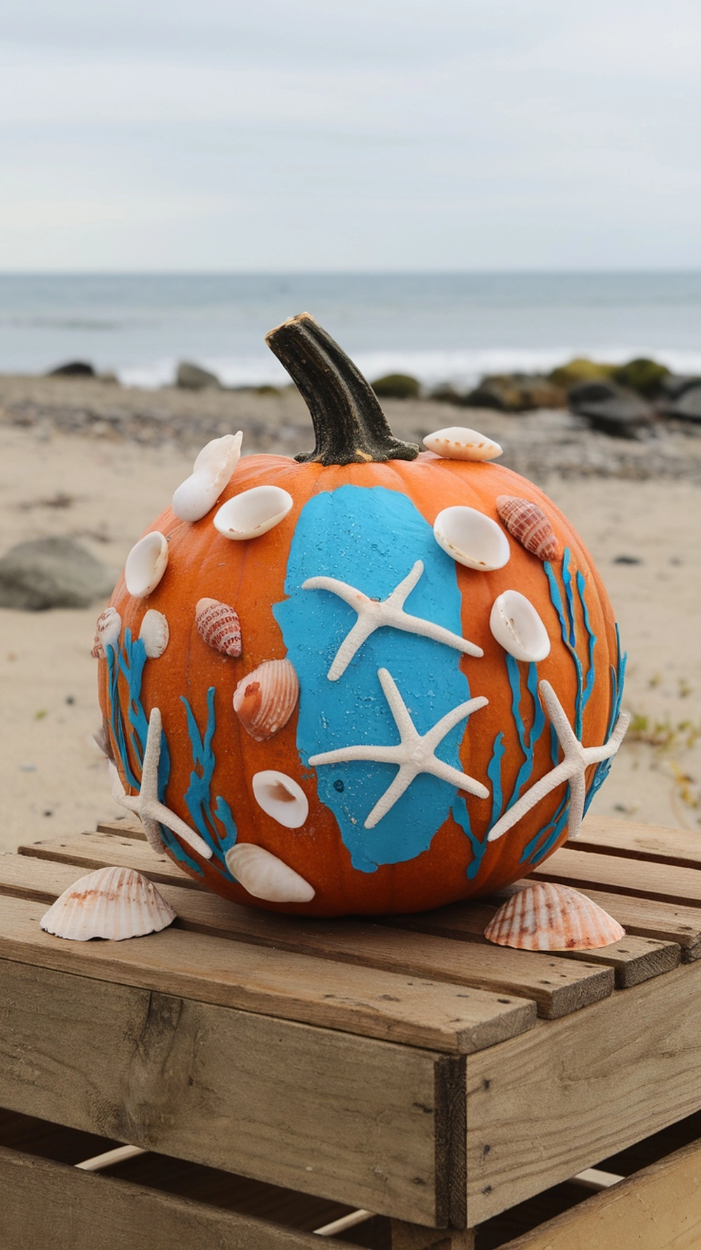 A decorated pumpkin designed to look like an underwater scene with shells and starfish.
